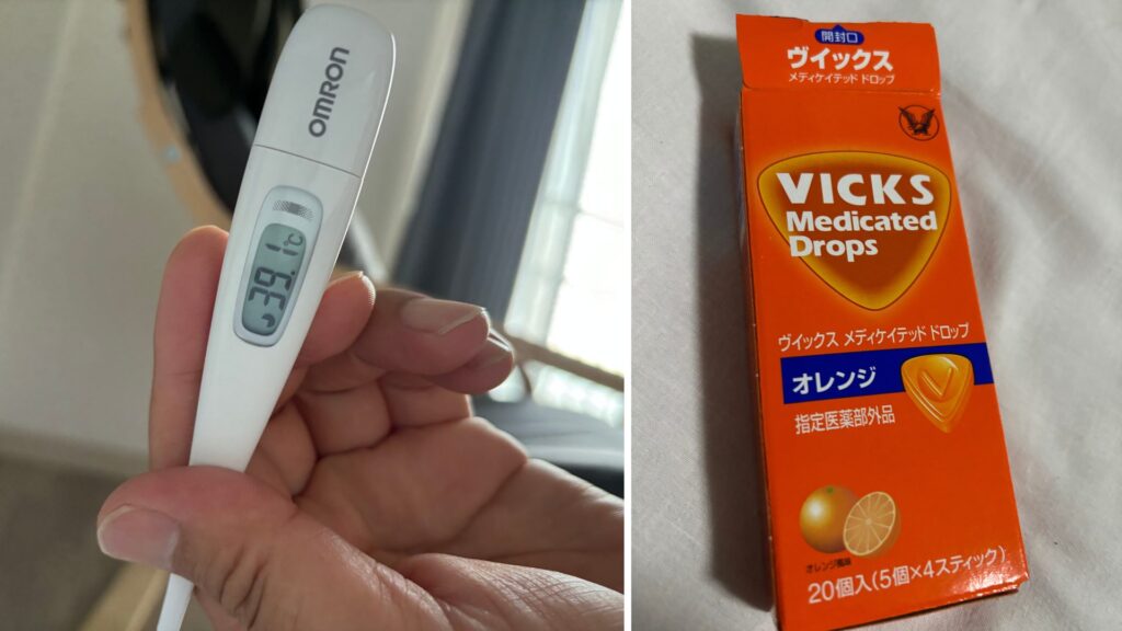 A thermometer displaying 39.1 degrees and throat lozenges.