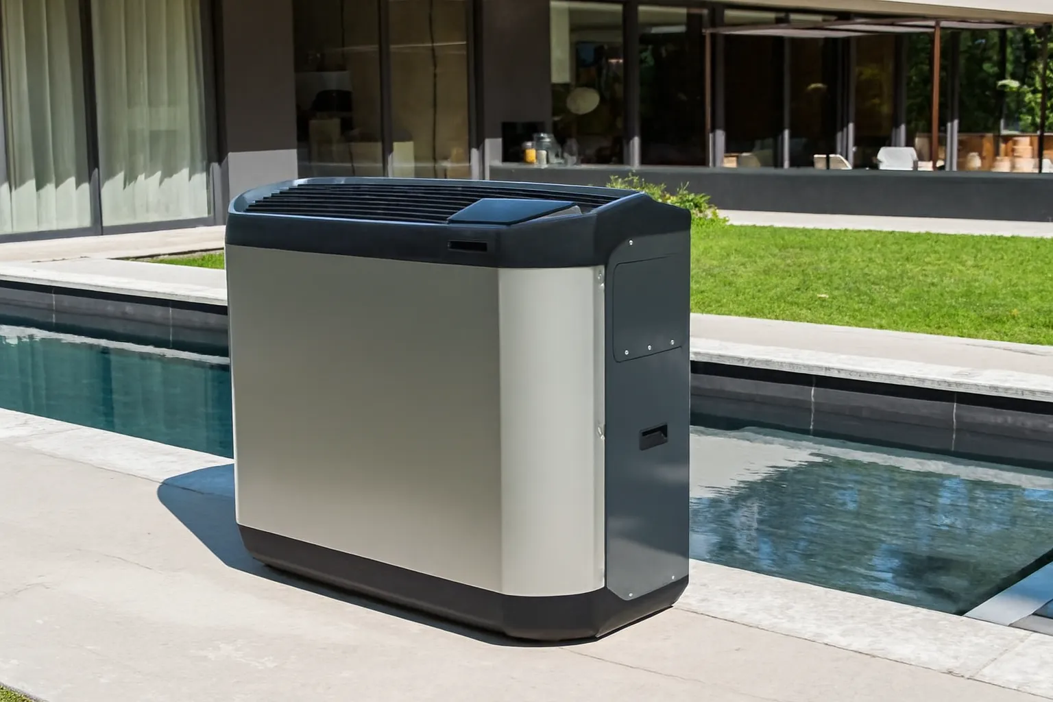 Zodiac Z400ヒートポンプがマジラインプール横に設置された様子。現代的な住宅と屋外空間が背景。