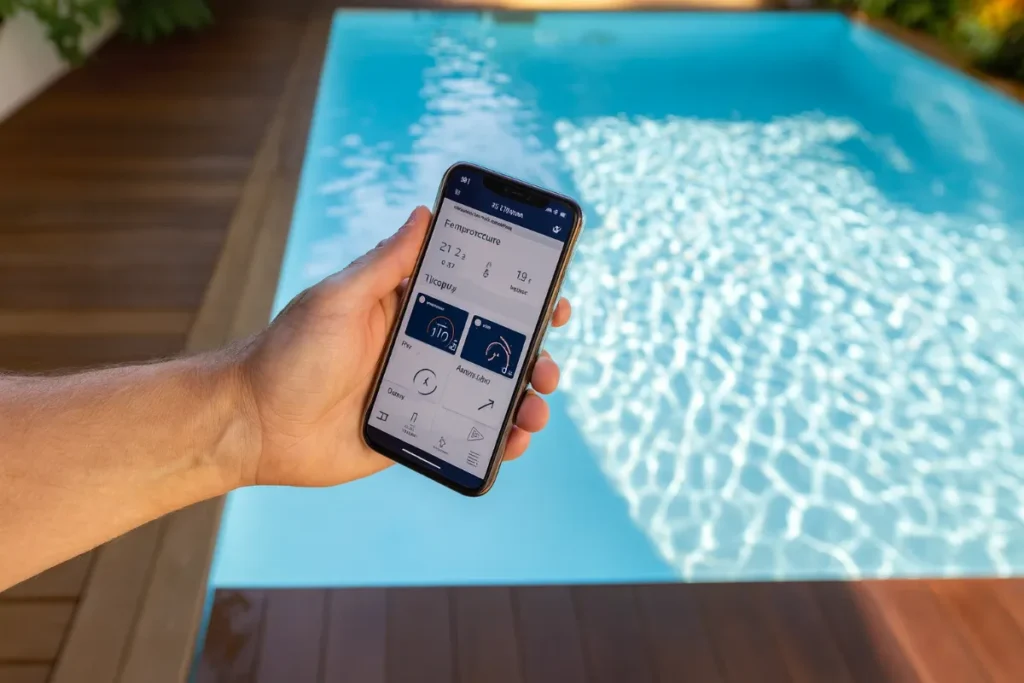 スマートフォンでNFX imajiXアプリを操作し、プールの状態を監視する様子