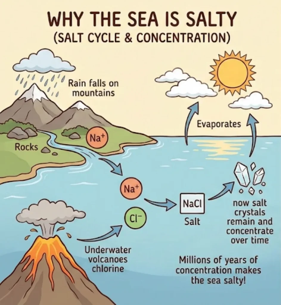海が塩辛くなる仕組みを示す図。雨による岩石の浸食、ナトリウムと塩素の流れ、塩の濃縮過程を描く。