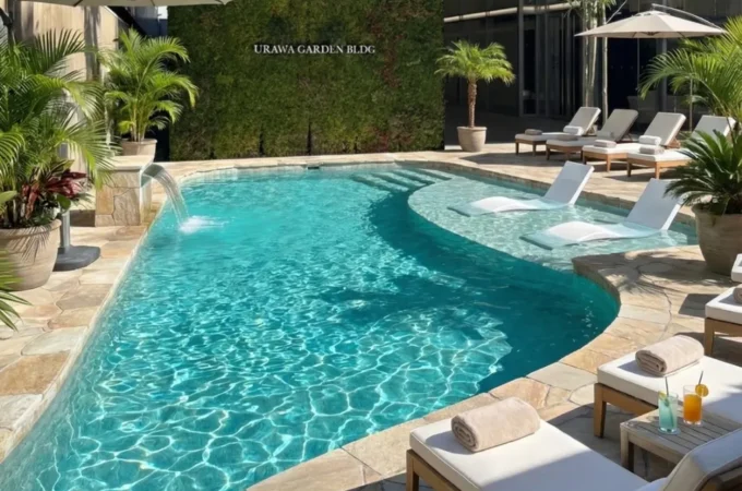 緑豊かな壁面と曲線美のプールが調和するラグジュアリーな屋外空間