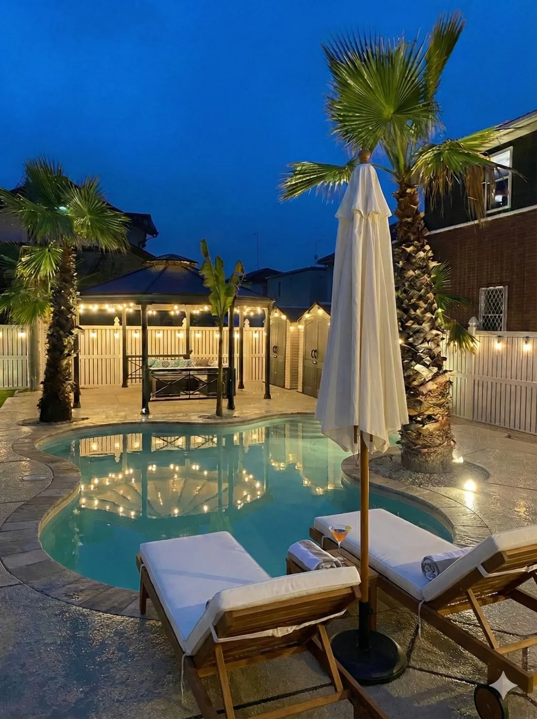 夜のプールサイド、ガゼボの暖色ライトとラウンジチェア、カクテル