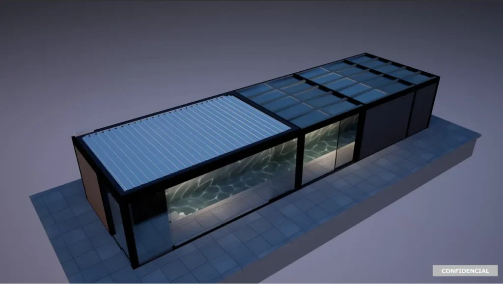 NODEAで覆われたNFX iMAGI-Xモデルのインドアプール施設（斜め構図・夜間照明）