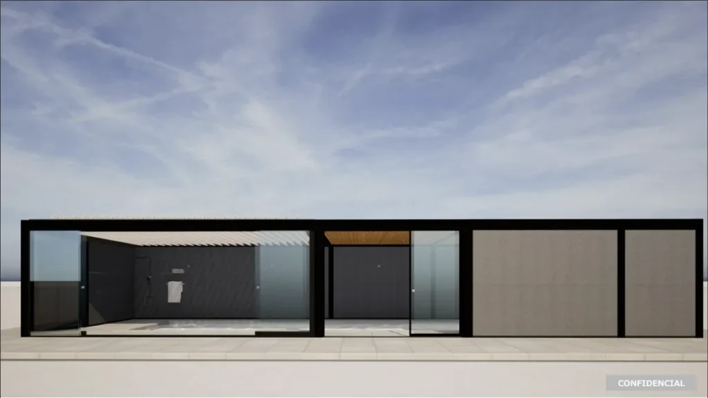 NFX imajiXモデルに併設されたシャワー・バスエリアの外観（ガラス壁・木天井）