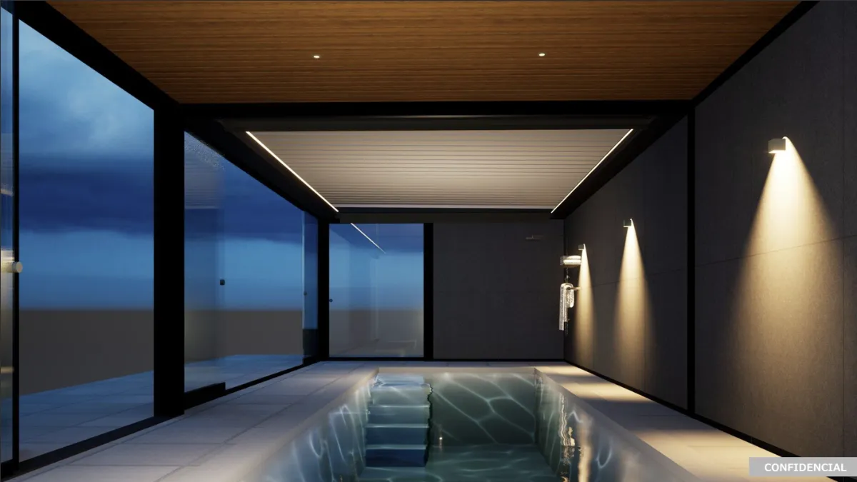 NFX iMAGI-Xモデルのインドアプール内部空間（木天井・間接照明・ガラス壁）