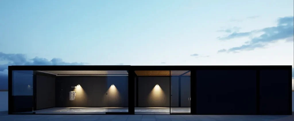 NFX iMAGI-Xモデルのシャワー・バスエリア外観（ガラス壁・照明演出・フラット屋根）