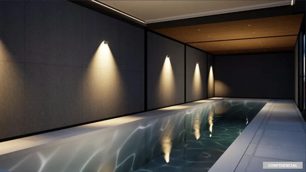 NFX imajiXモデルのインドアプール正面構図（木天井・間接照明・水面反射）