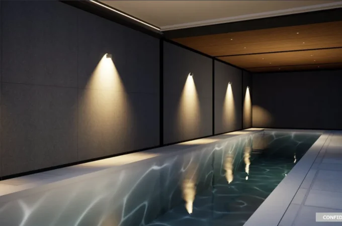 NFX iMAGI-Xモデルのインドアプール正面構図（木天井・間接照明・水面反射）