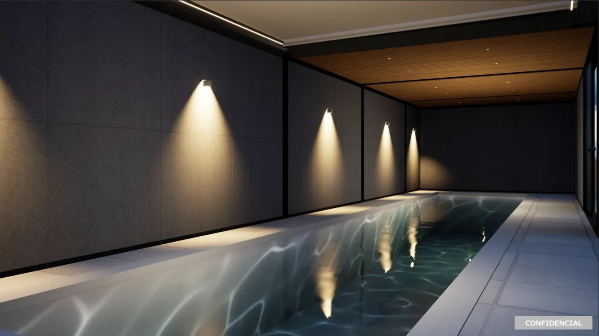 NFX iMAGI-Xモデルのインドアプール正面構図（木天井・間接照明・水面反射）