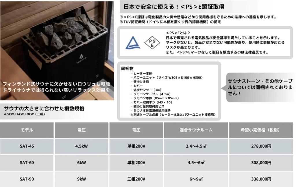 ブロスサウナ電気サウナストーブSATシリーズの本体画像と仕様一覧