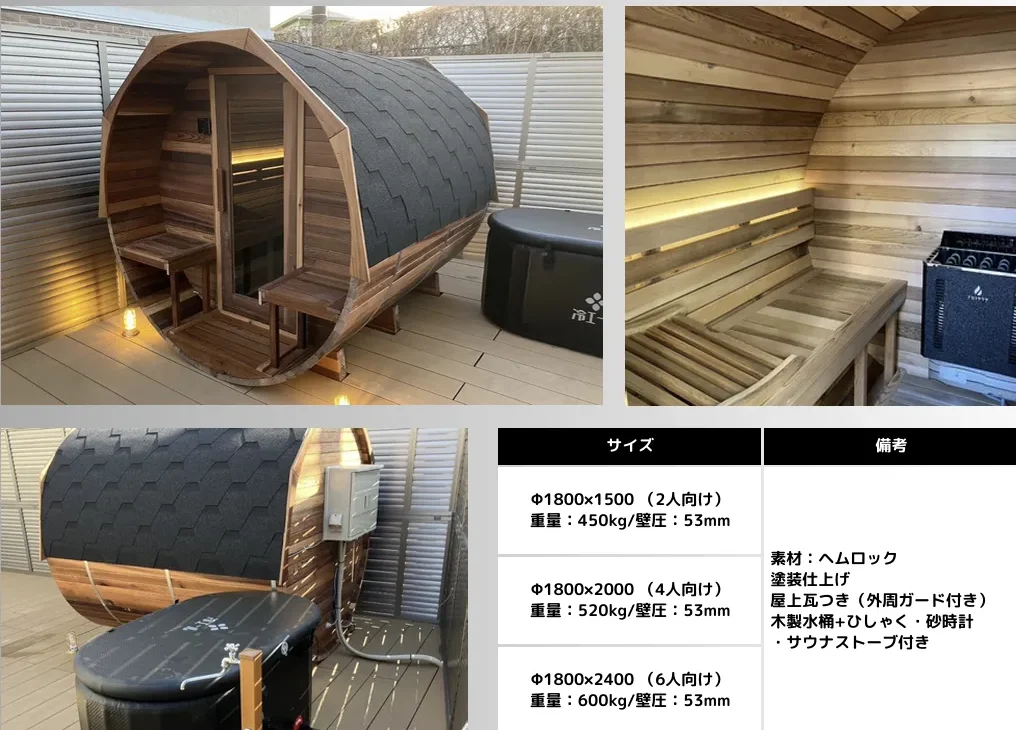 ブロスサウナ製バレルサウナの外観と内装、サイズ別モデルの紹介画像